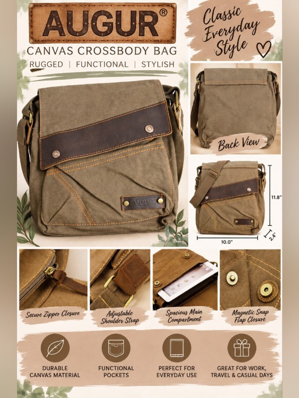 AUGUR Canvas Crossbody Messenger Bag Olive Green Brown NWT